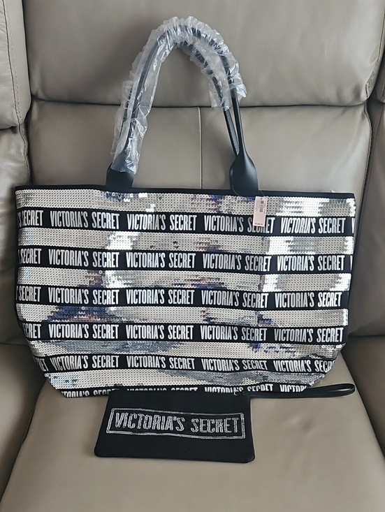 Victoria's Secret Handbags - NWT Victoria's Secret Black and Silver Sequin Logo Tote And Change Purse